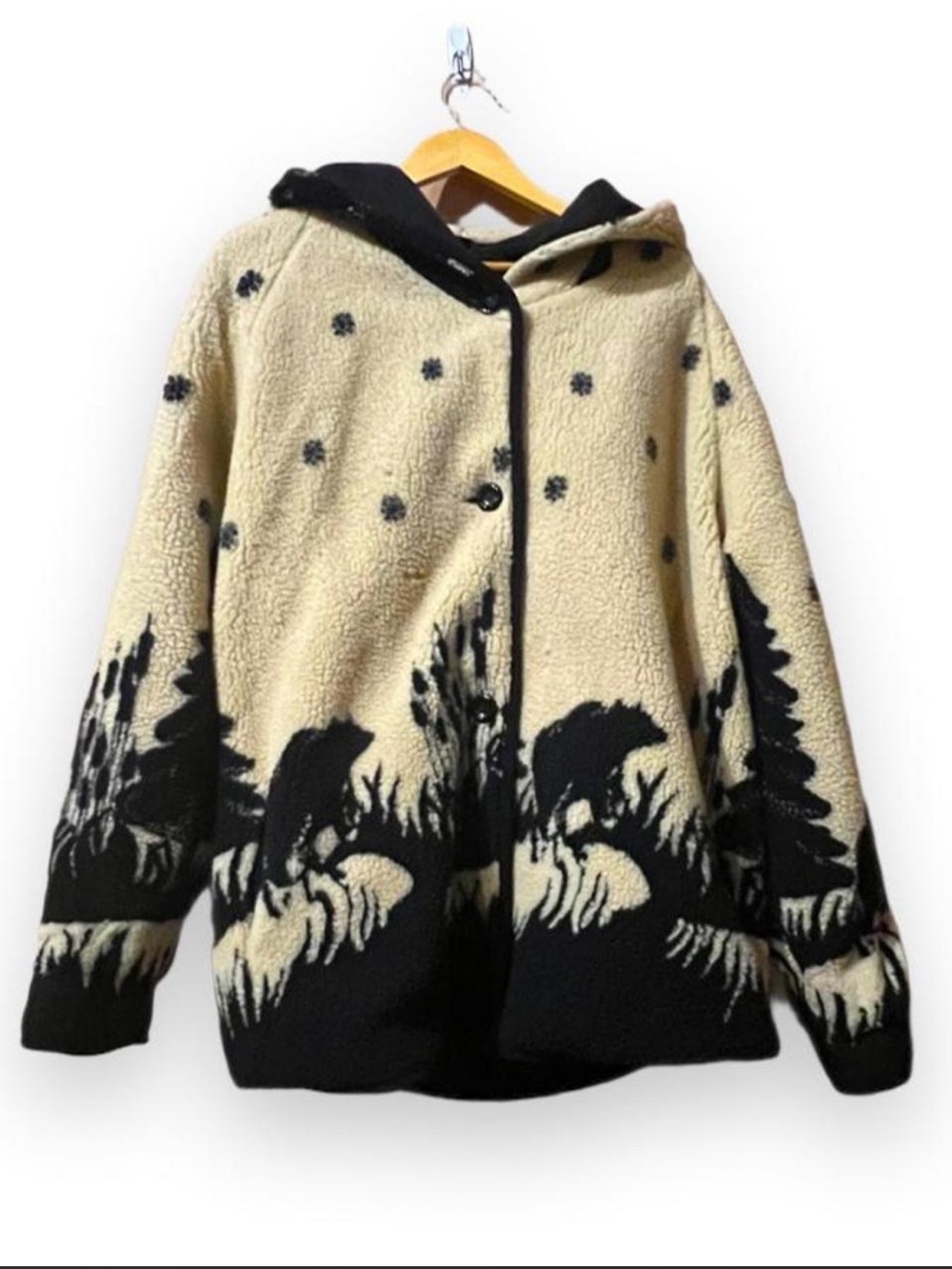 Vintage Reversible Cream & Black Hooded Sherpa coat with Nature Motif